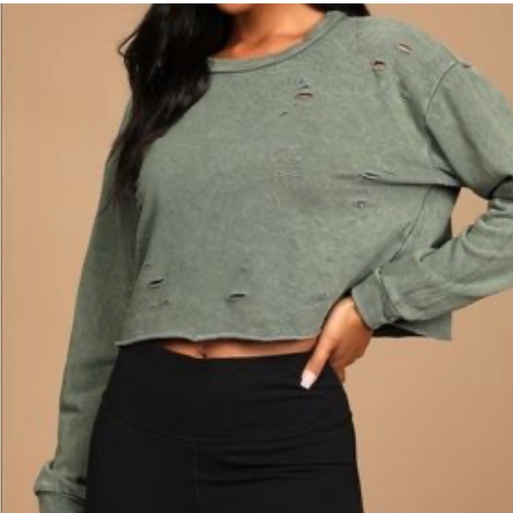 Lulus Womens Green Boxy Crop Long Sleeve Sweatshirt XS